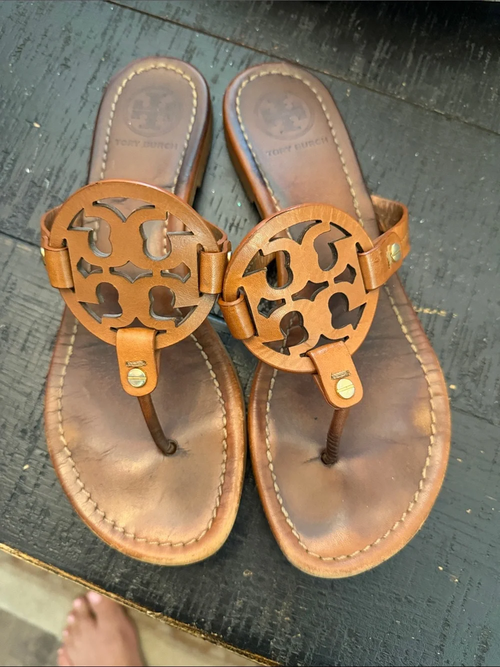 Tory Burch Cognac Leather Miller Thong Sandals - Picture 1 of 7
